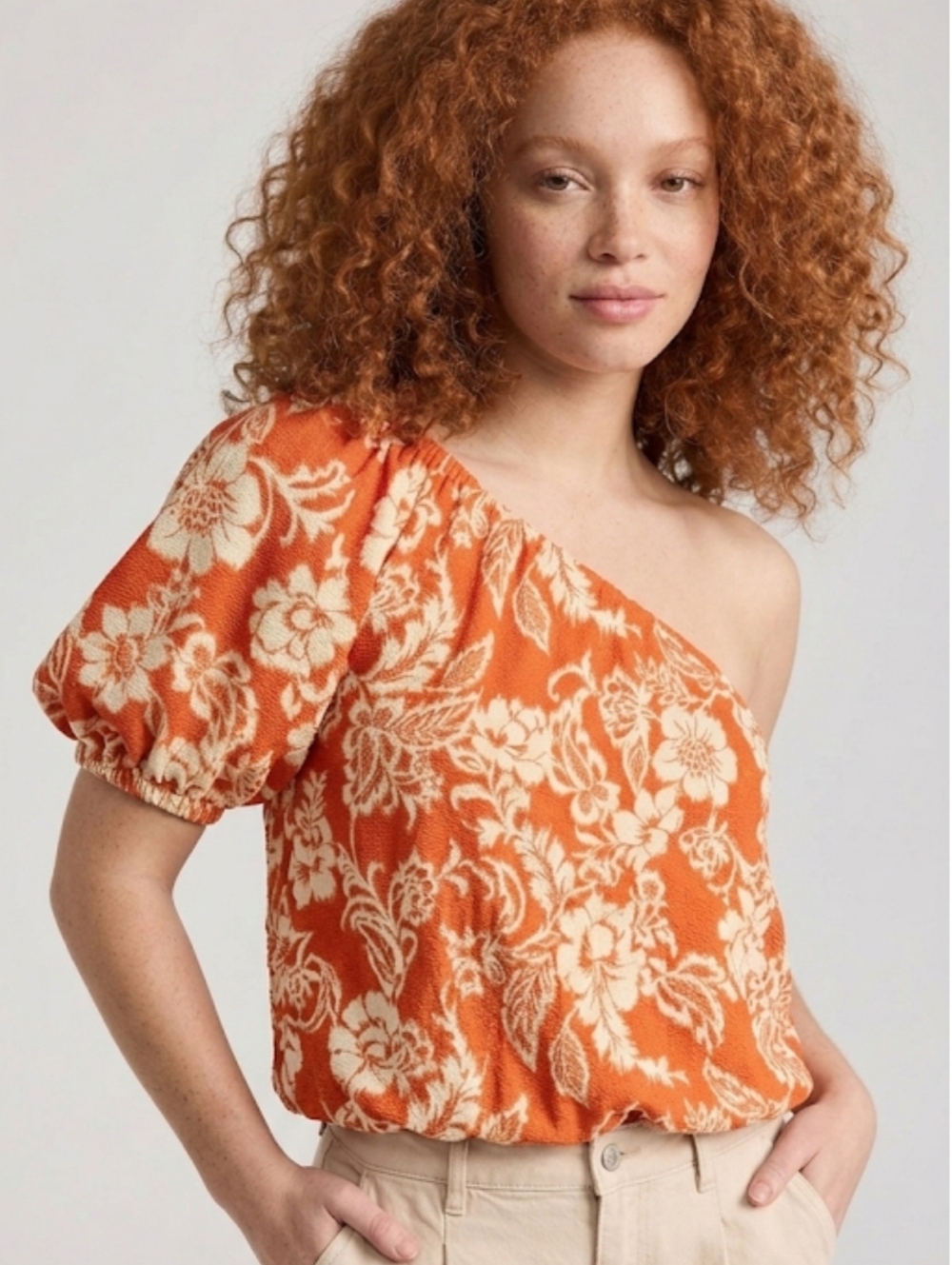 HURLEY Floral Boho Jipsy ONE Shoulder Top Burnt Orange White Puff Sleeve Size L